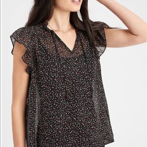 NWT Black sheer blouse with ruffle cap sleeve.